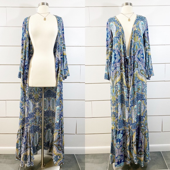 Jackets & Blazers - Blue Boho Paisley Maxi Open Front Kimono